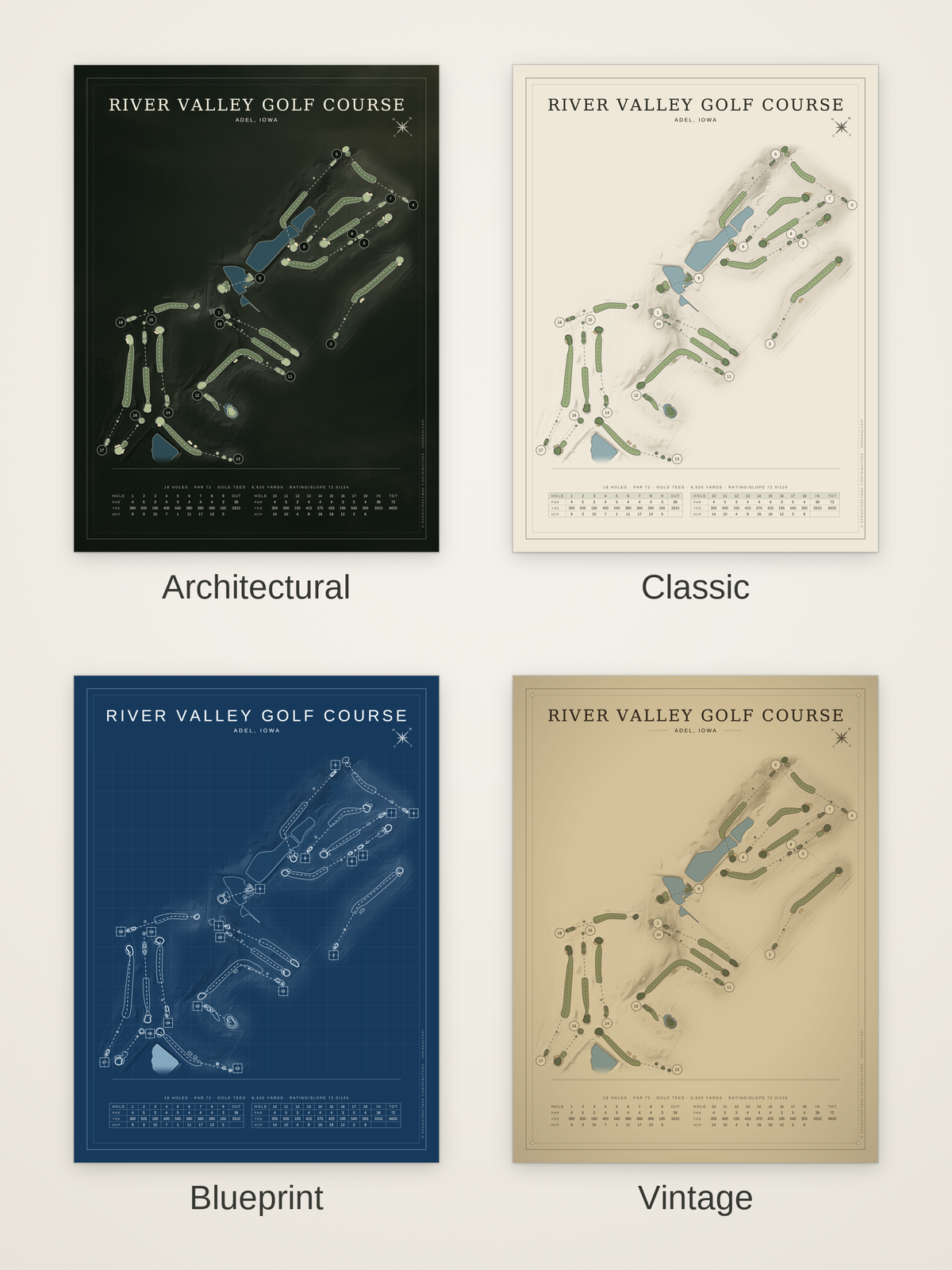 River Valley Golf Course map poster in four styles: Architectural, Classic, Blueprint and Vintage