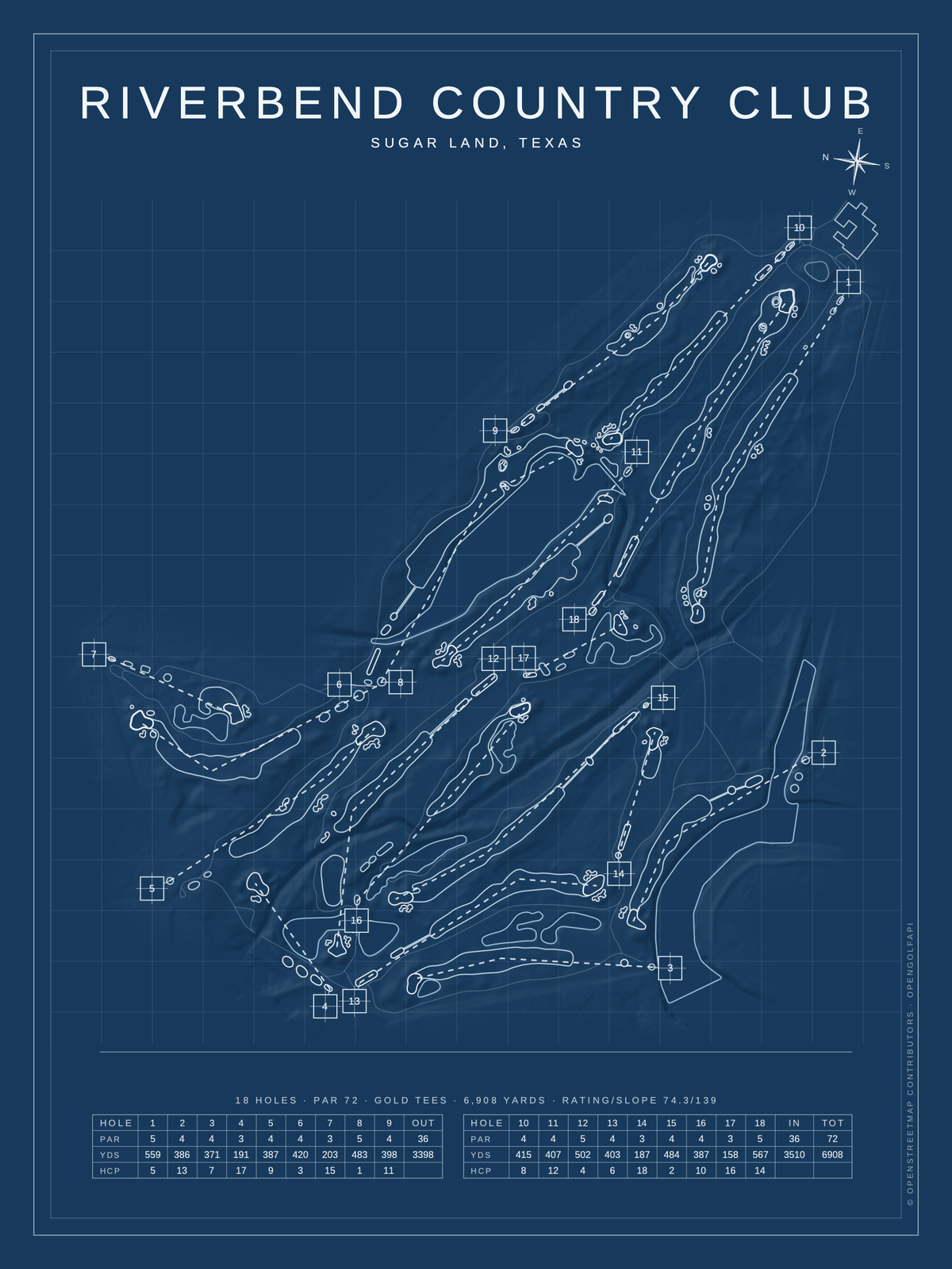 Riverbend Country Club course map poster, Blueprint style, 12×16 / 18×24