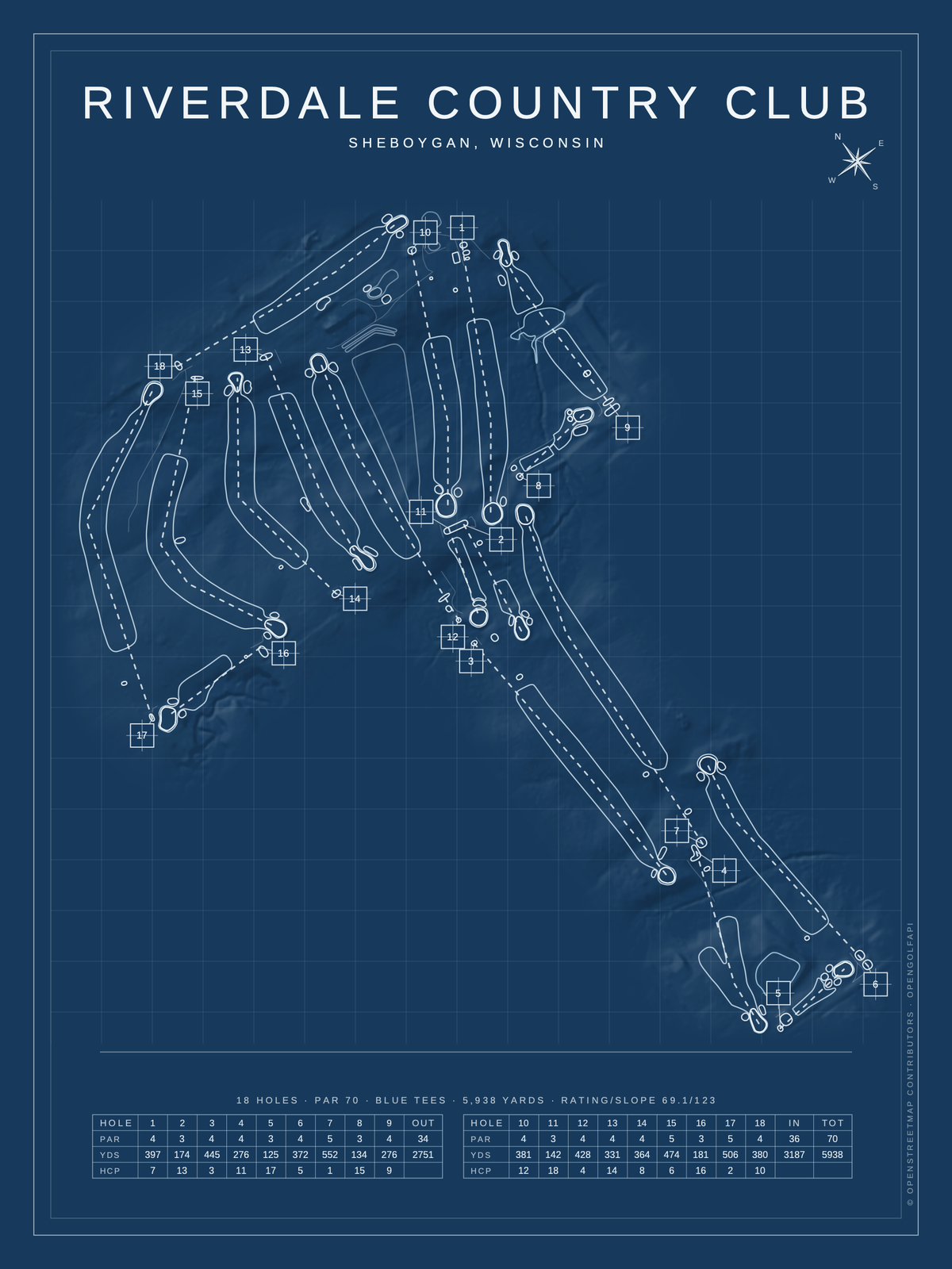 Riverdale Country Club course map poster, Blueprint style, 12×16 / 18×24