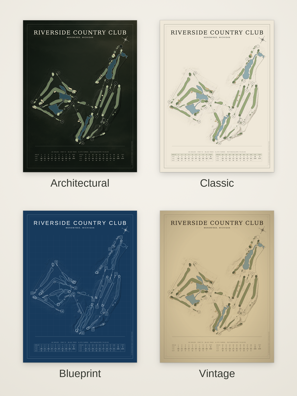 Riverside Country Club course map poster in four styles: Architectural, Classic, Blueprint and Vintage
