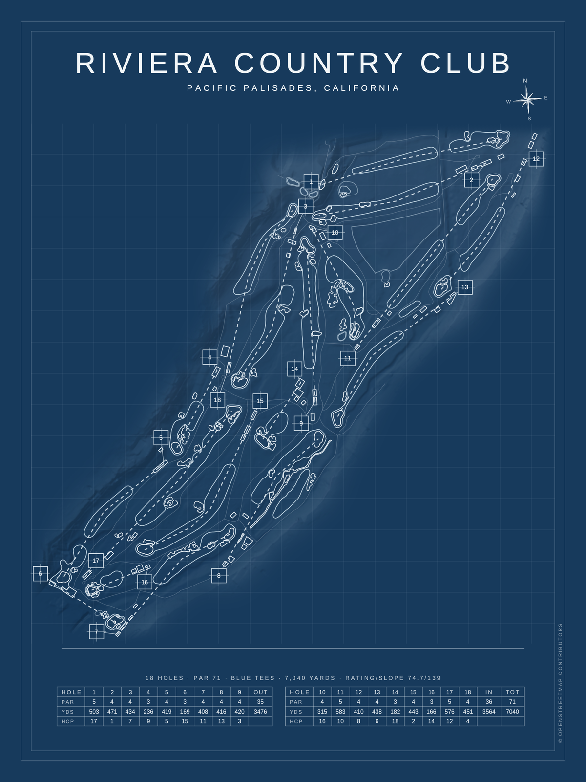 Riviera Country Club course map poster, Blueprint style, 12×16 / 18×24
