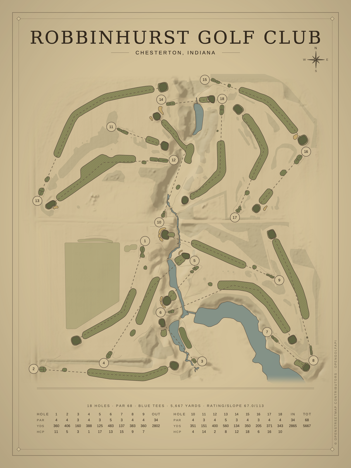 Robbinhurst Golf Club course map poster, Vintage style, 12×16 / 18×24