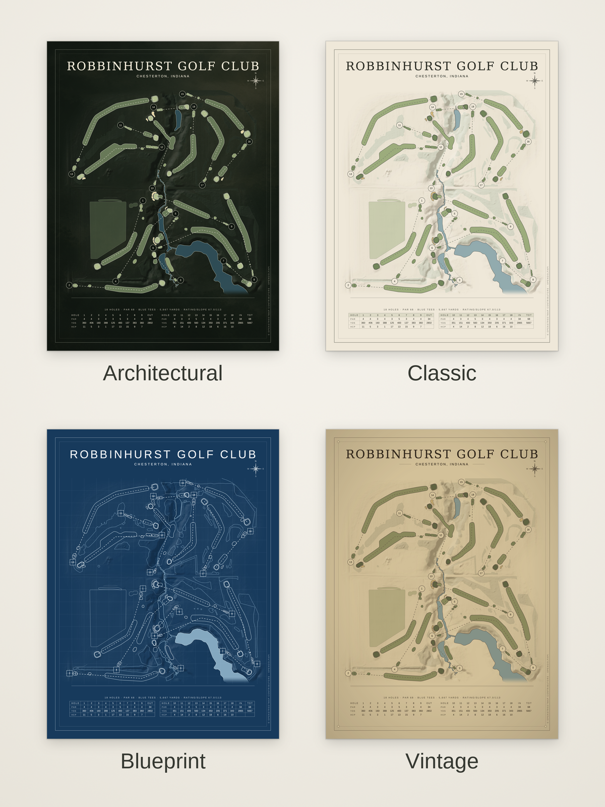 Robbinhurst Golf Club course map poster in four styles: Architectural, Classic, Blueprint and Vintage