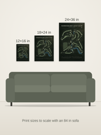 Robbinhurst Golf Club course map poster in the Architectural style at 12×16, 18×24 and 24×36 inches, shown to scale on a wall above an 84-inch sofa