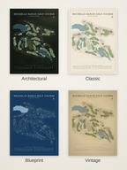 Rochelle Ranch Golf Course map poster in four styles: Architectural, Classic, Blueprint and Vintage