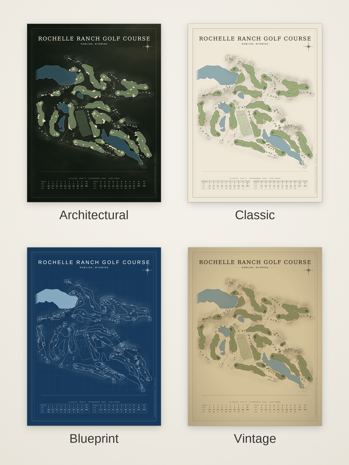 Rochelle Ranch Golf Course map poster in four styles: Architectural, Classic, Blueprint and Vintage