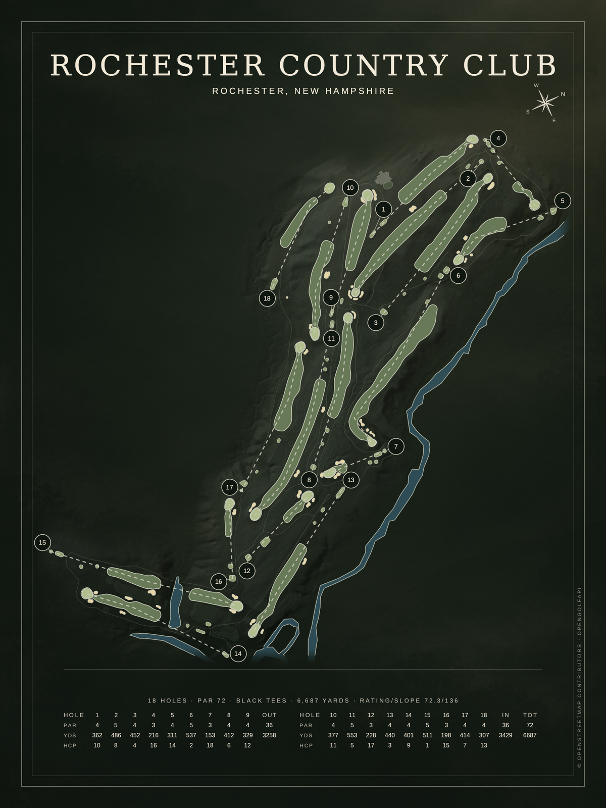 Rochester Country Club course map poster, Architectural style, 12×16 / 18×24