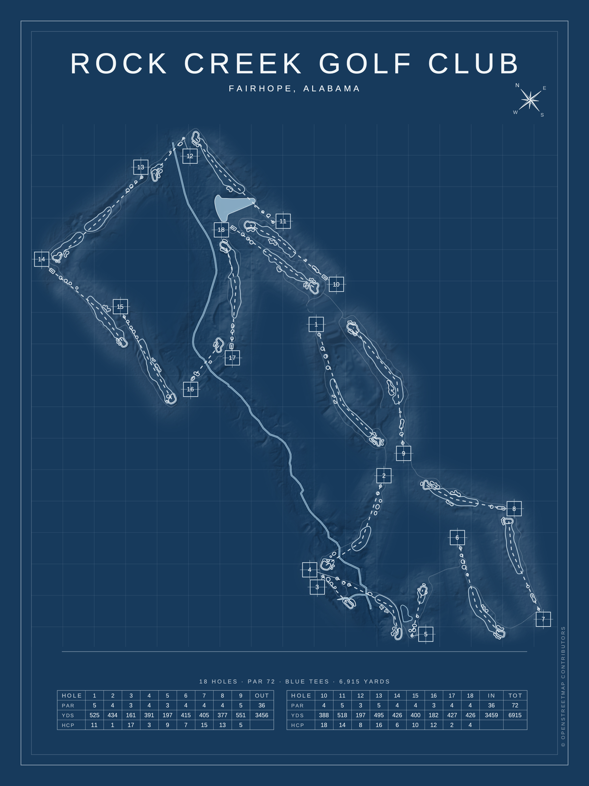 Rock Creek Golf Club course map poster, Blueprint style, 12×16 / 18×24