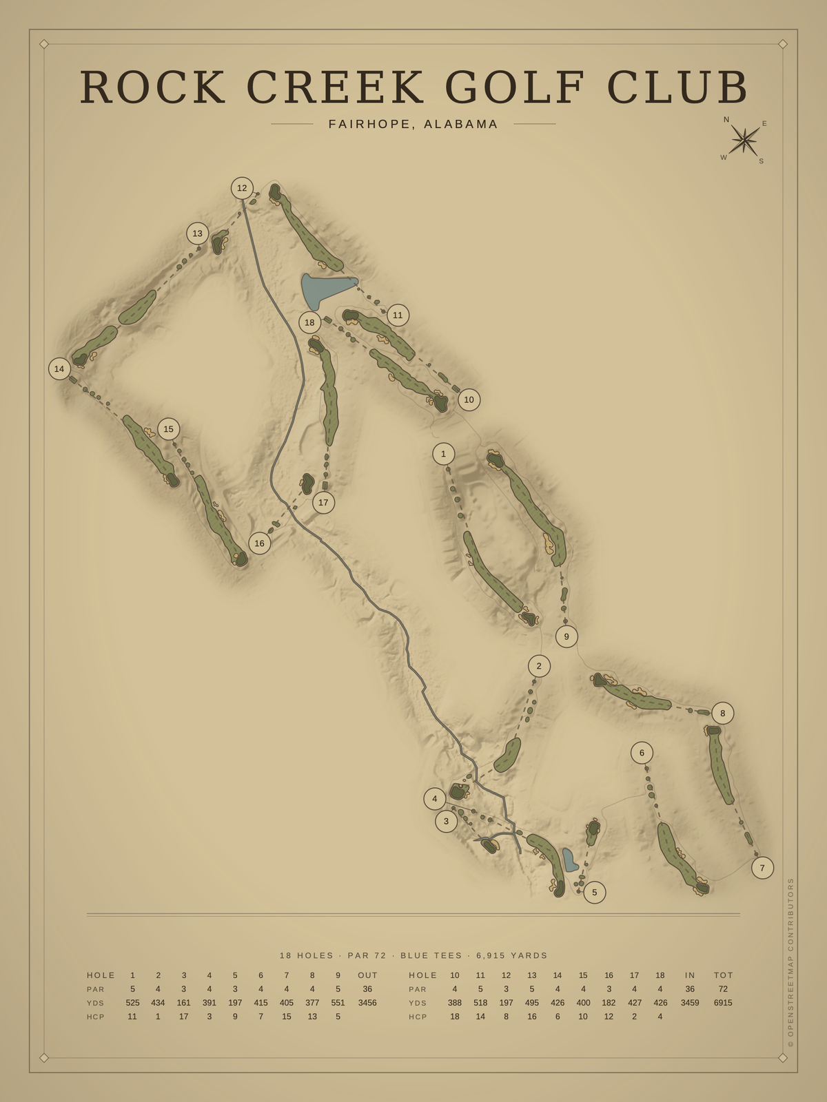 Rock Creek Golf Club course map poster, Vintage style, 12×16 / 18×24