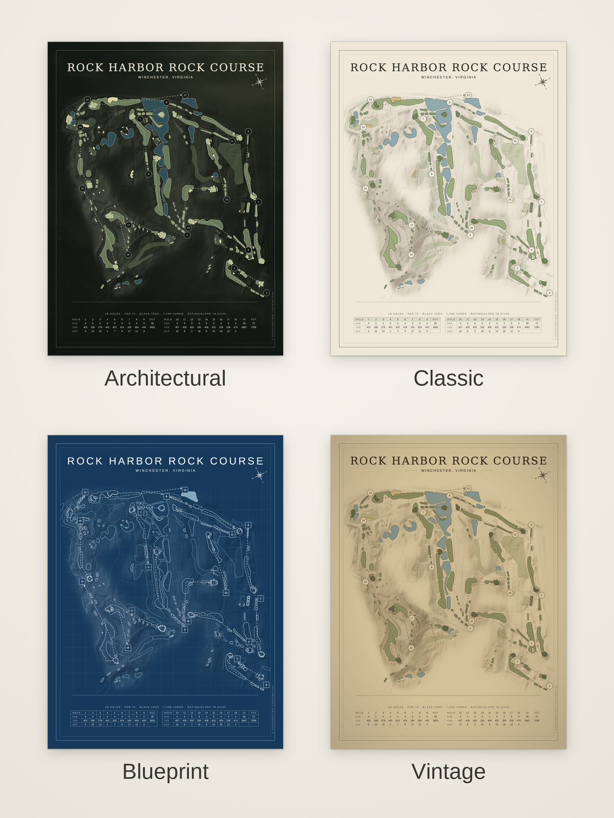 Rock Harbor Rock Course map poster in four styles: Architectural, Classic, Blueprint and Vintage
