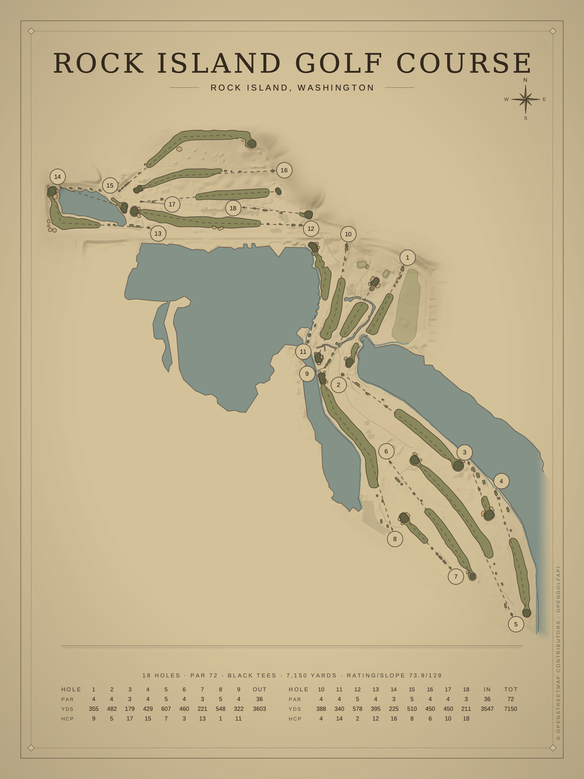 Rock Island Golf Course map poster, Vintage style, 12×16 / 18×24
