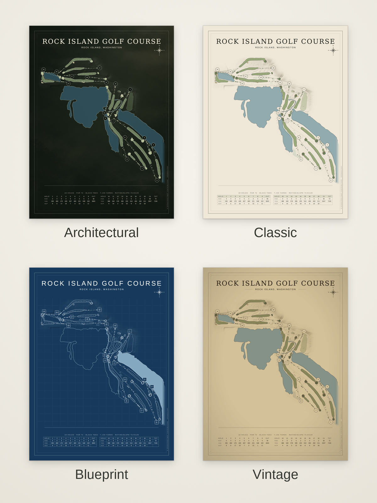 Rock Island Golf Course map poster in four styles: Architectural, Classic, Blueprint and Vintage