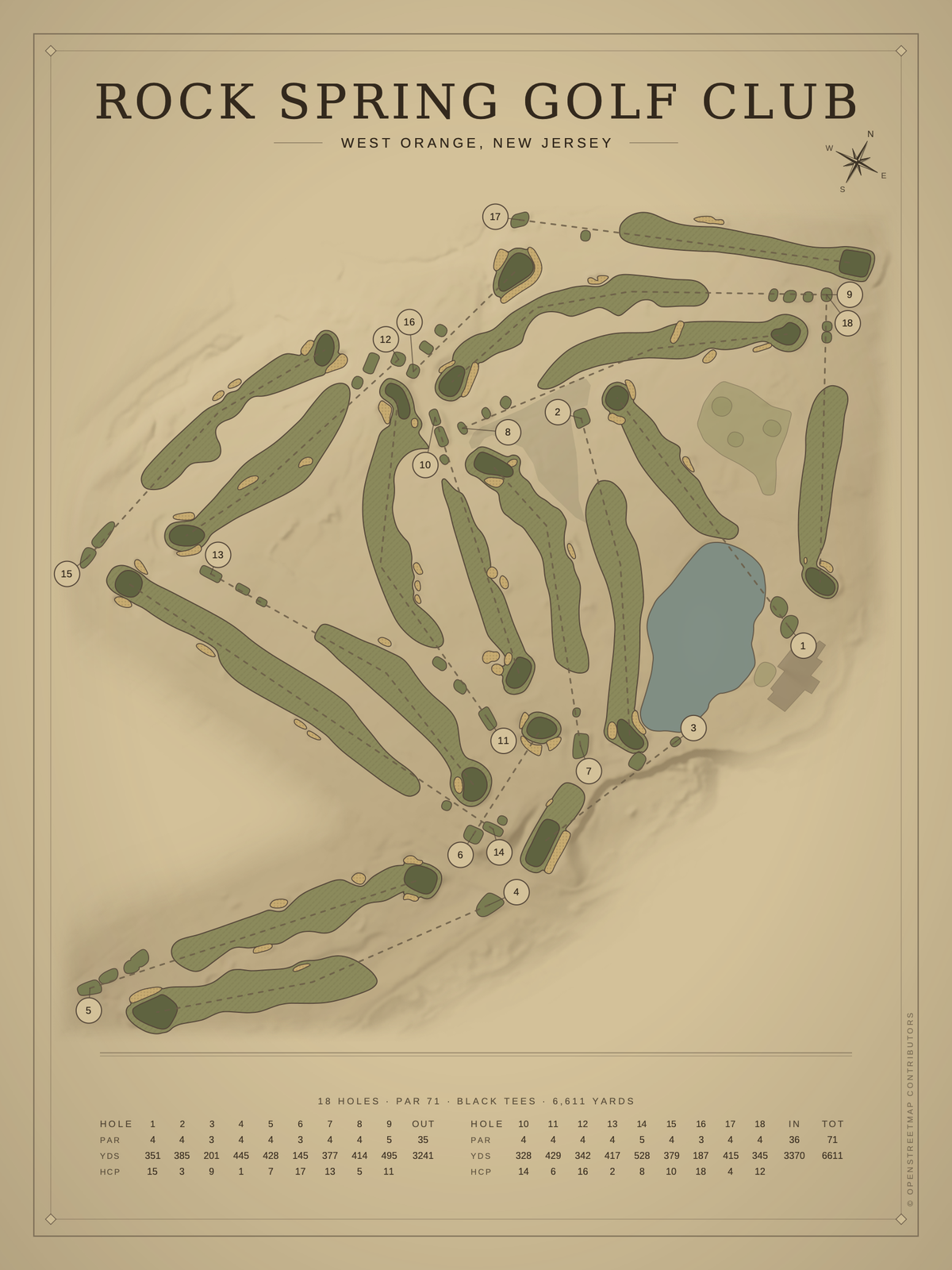 Rock Spring Golf Club course map poster, Vintage style, 12×16 / 18×24