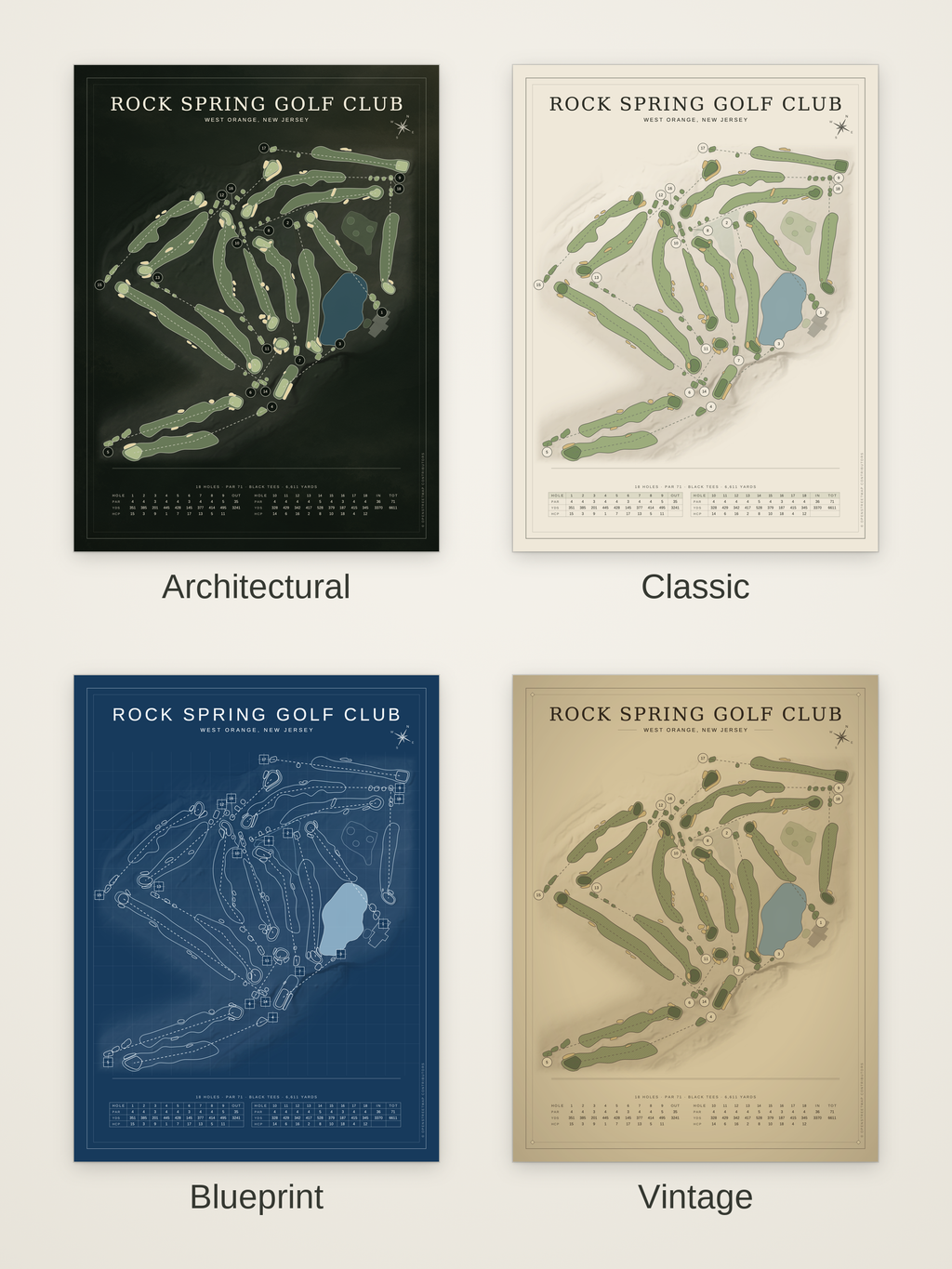 Rock Spring Golf Club course map poster in four styles: Architectural, Classic, Blueprint and Vintage