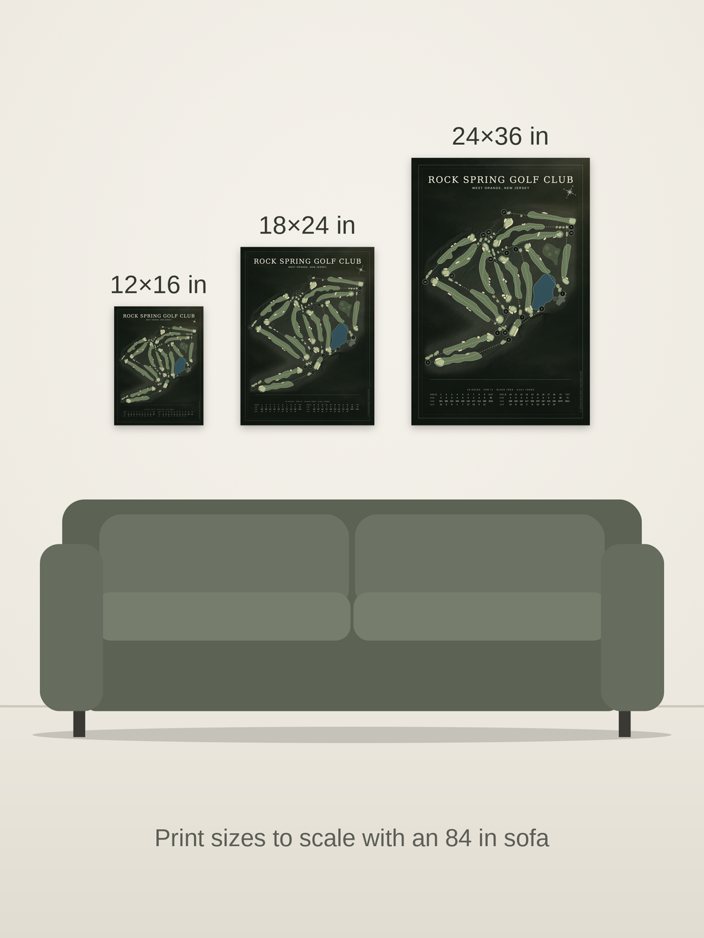 Rock Spring Golf Club course map poster in the Architectural style at 12×16, 18×24 and 24×36 inches, shown to scale on a wall above an 84-inch sofa