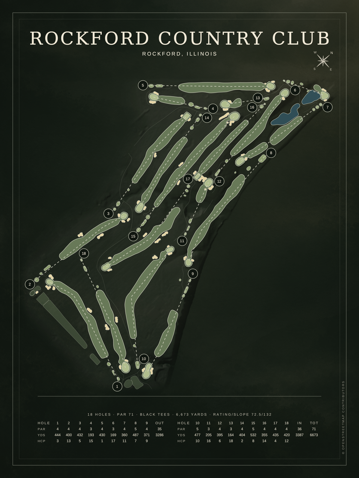 Rockford Country Club course map poster, Architectural style, 12×16 / 18×24
