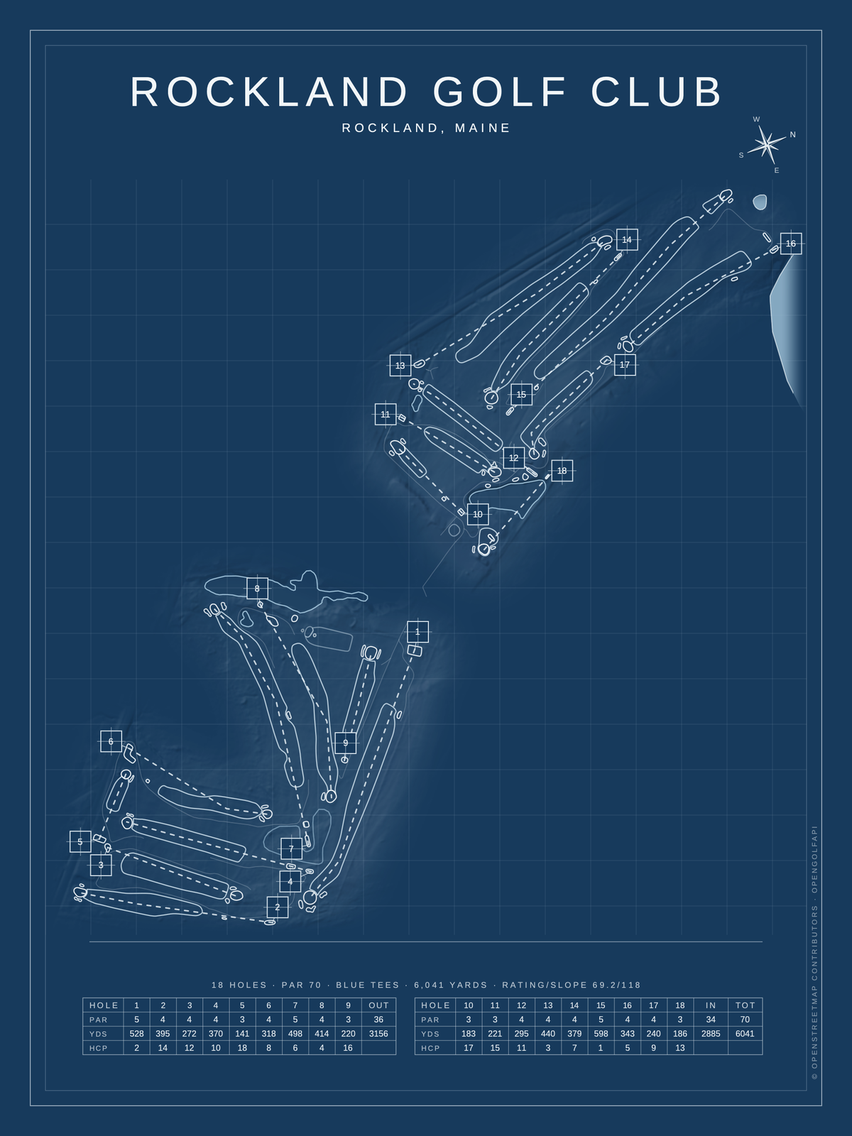 Rockland Golf Club course map poster, Blueprint style, 12×16 / 18×24