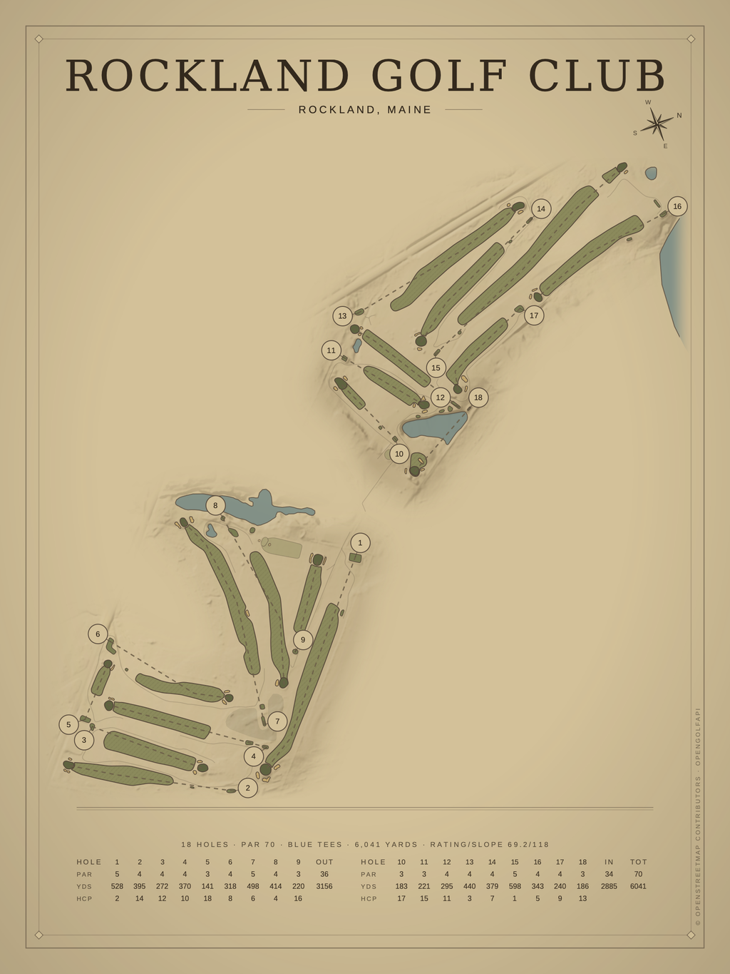 Rockland Golf Club course map poster, Vintage style, 12×16 / 18×24