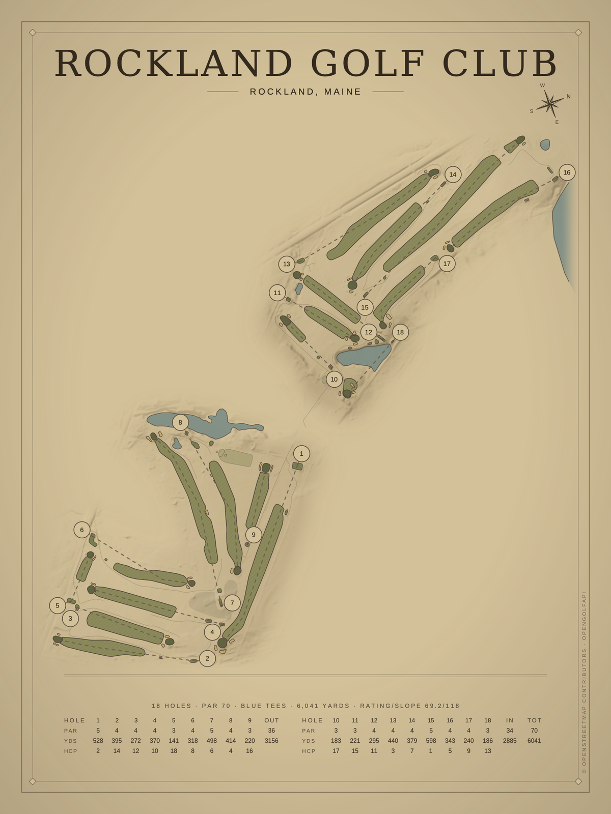 Rockland Golf Club course map poster, Vintage style, 12×16 / 18×24
