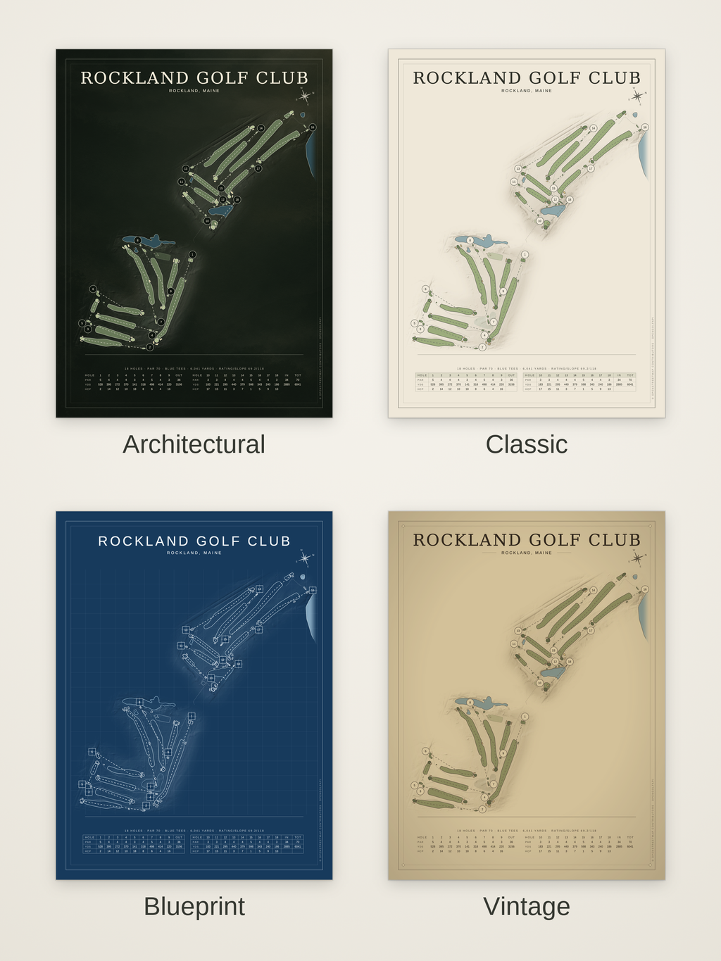 Rockland Golf Club course map poster in four styles: Architectural, Classic, Blueprint and Vintage