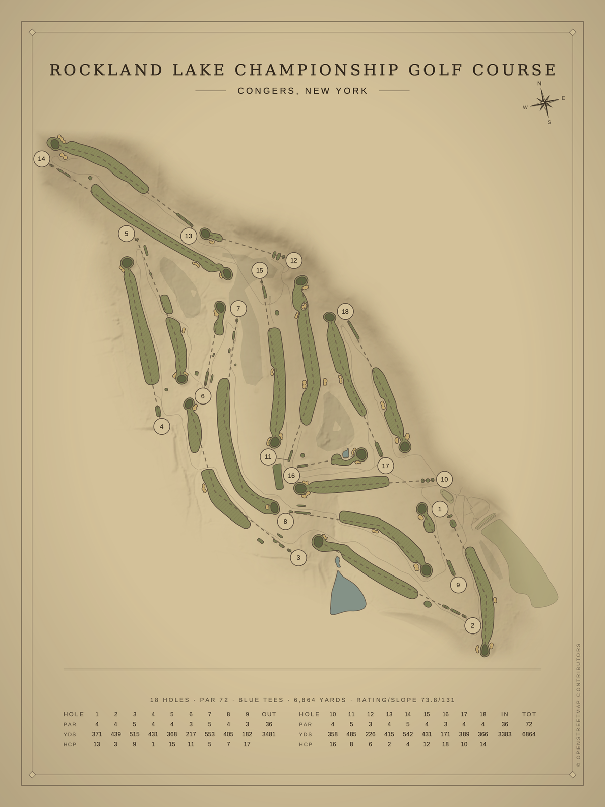 Rockland Lake Championship Golf Course map poster, Vintage style, 12×16 / 18×24