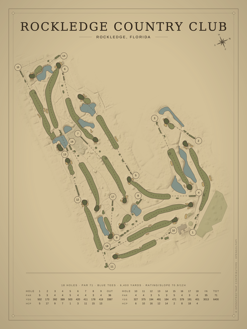 Rockledge Country Club course map poster, Vintage style, 12×16 / 18×24