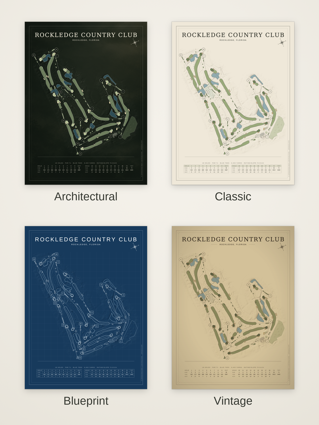 Rockledge Country Club course map poster in four styles: Architectural, Classic, Blueprint and Vintage