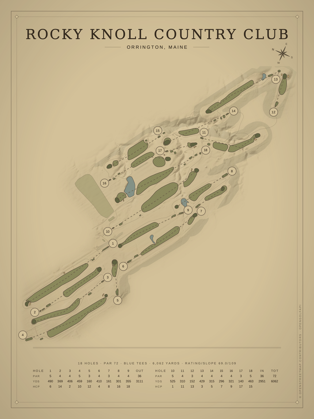 Rocky Knoll Country Club course map poster, Vintage style, 12×16 / 18×24