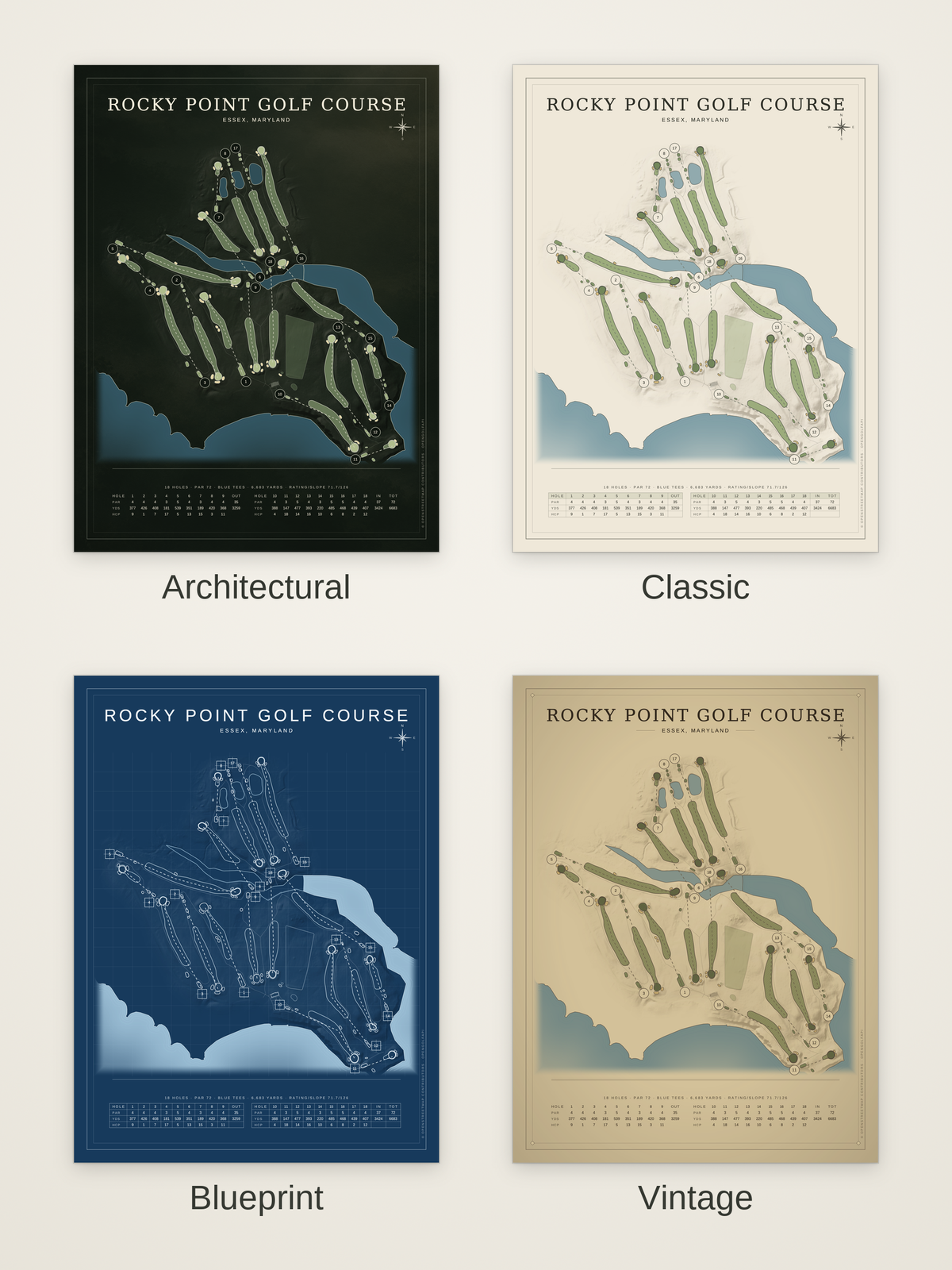 Rocky Point Golf Course map poster in four styles: Architectural, Classic, Blueprint and Vintage