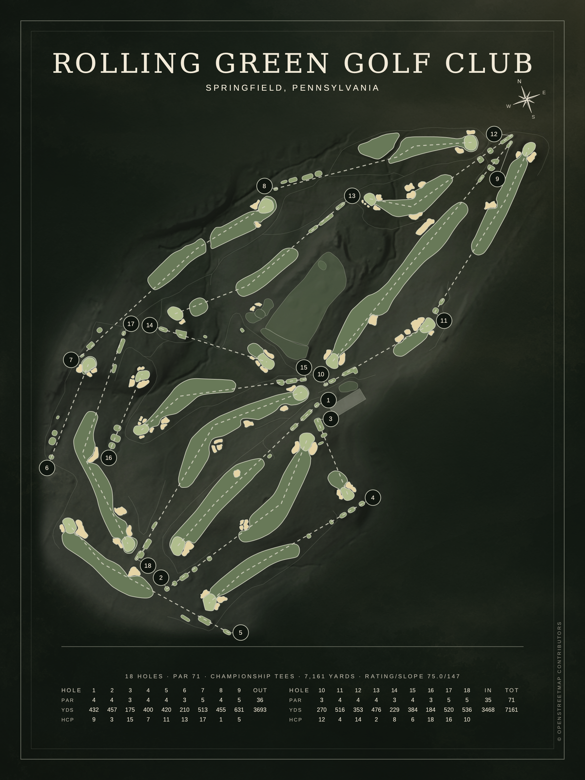 Rolling Green Golf Club course map poster, Architectural style, 12×16 / 18×24