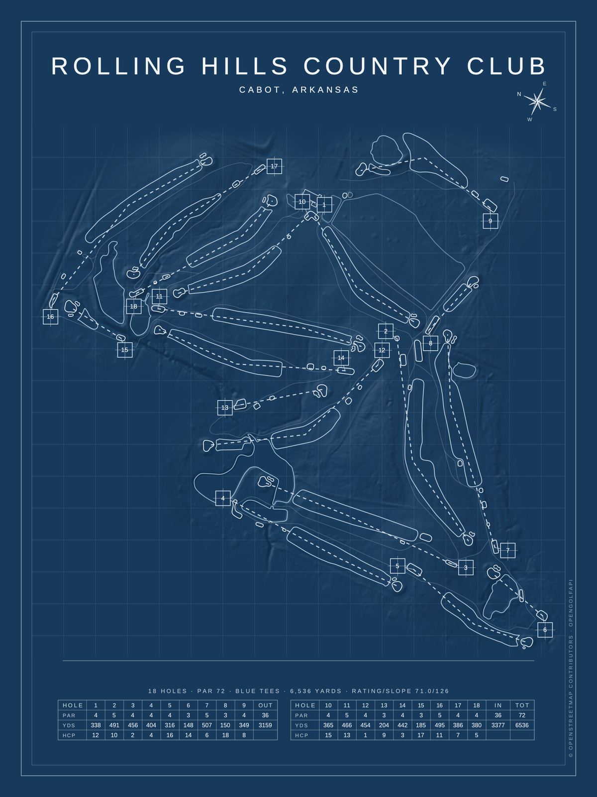 Rolling Hills Country Club course map poster, Blueprint style, 12×16 / 18×24