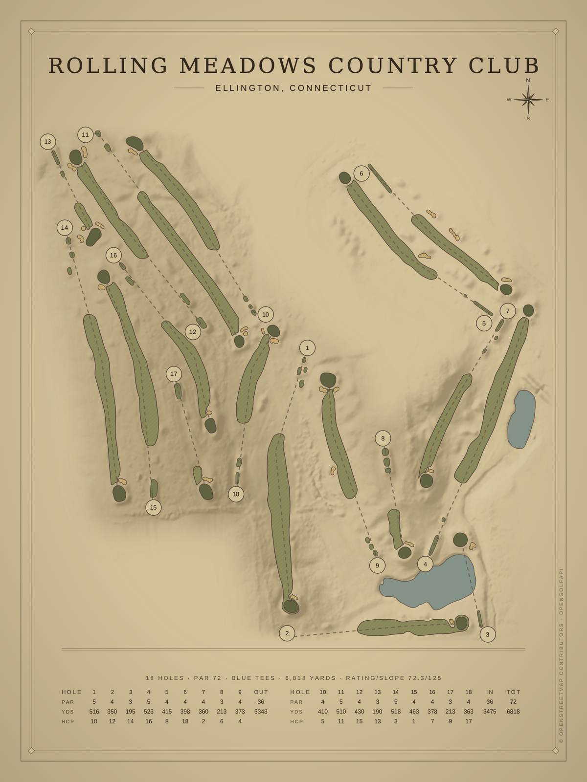 Rolling Meadows Country Club course map poster, Vintage style, 12×16 / 18×24