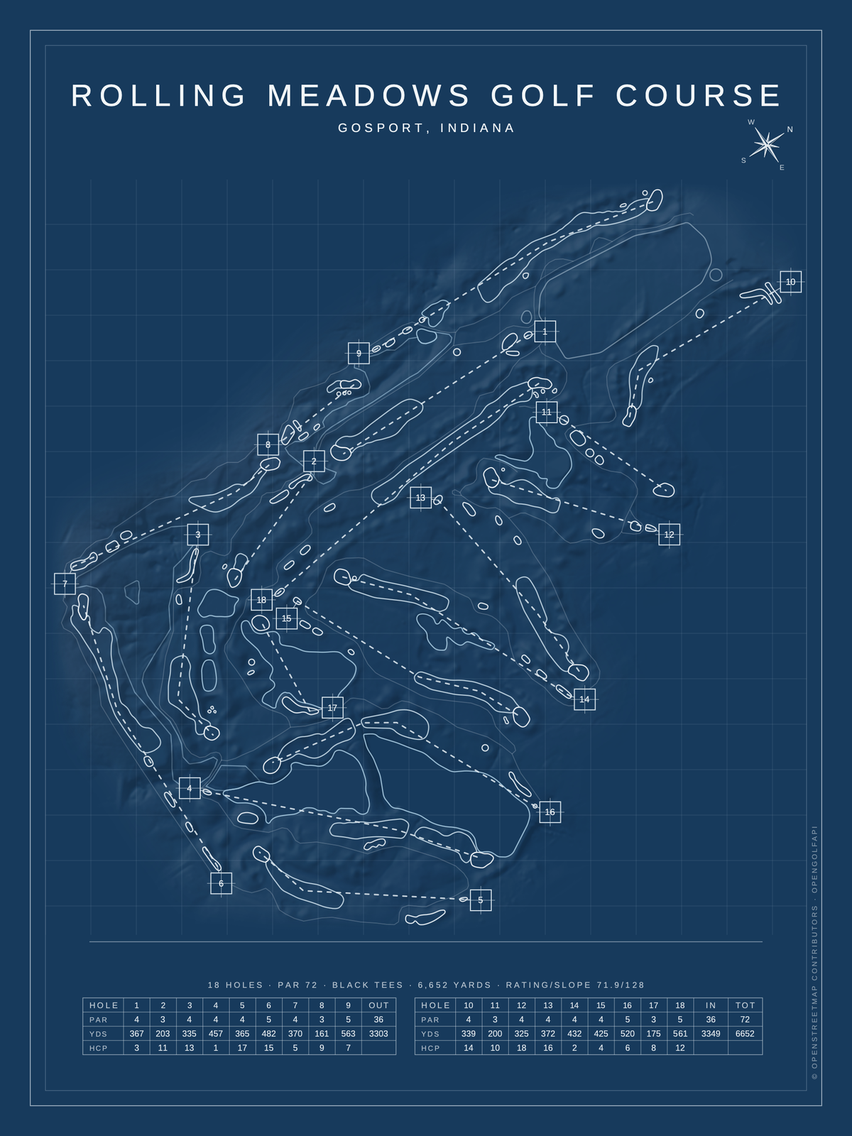 Rolling Meadows Golf Course map poster, Blueprint style, 12×16 / 18×24