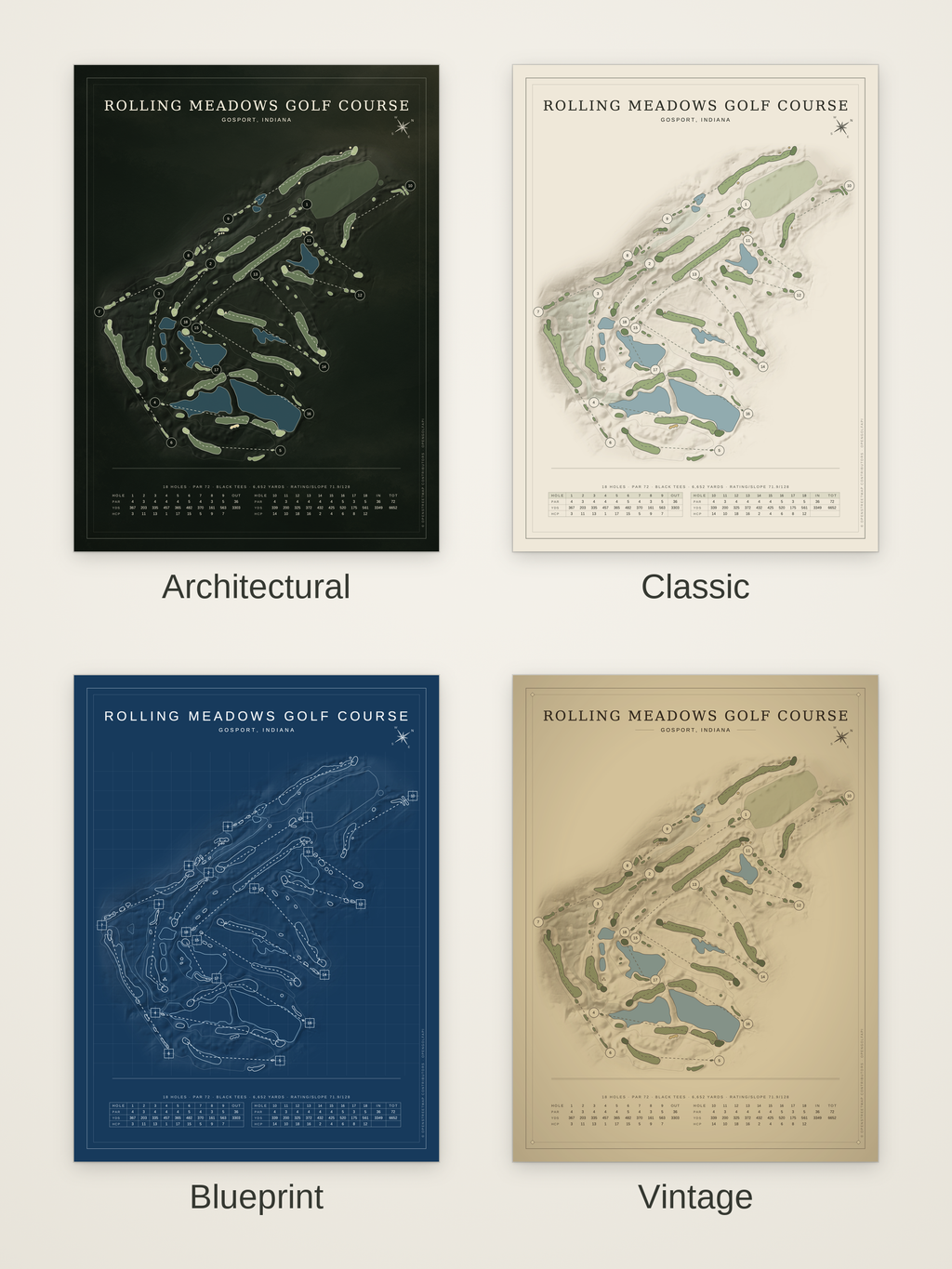 Rolling Meadows Golf Course map poster in four styles: Architectural, Classic, Blueprint and Vintage
