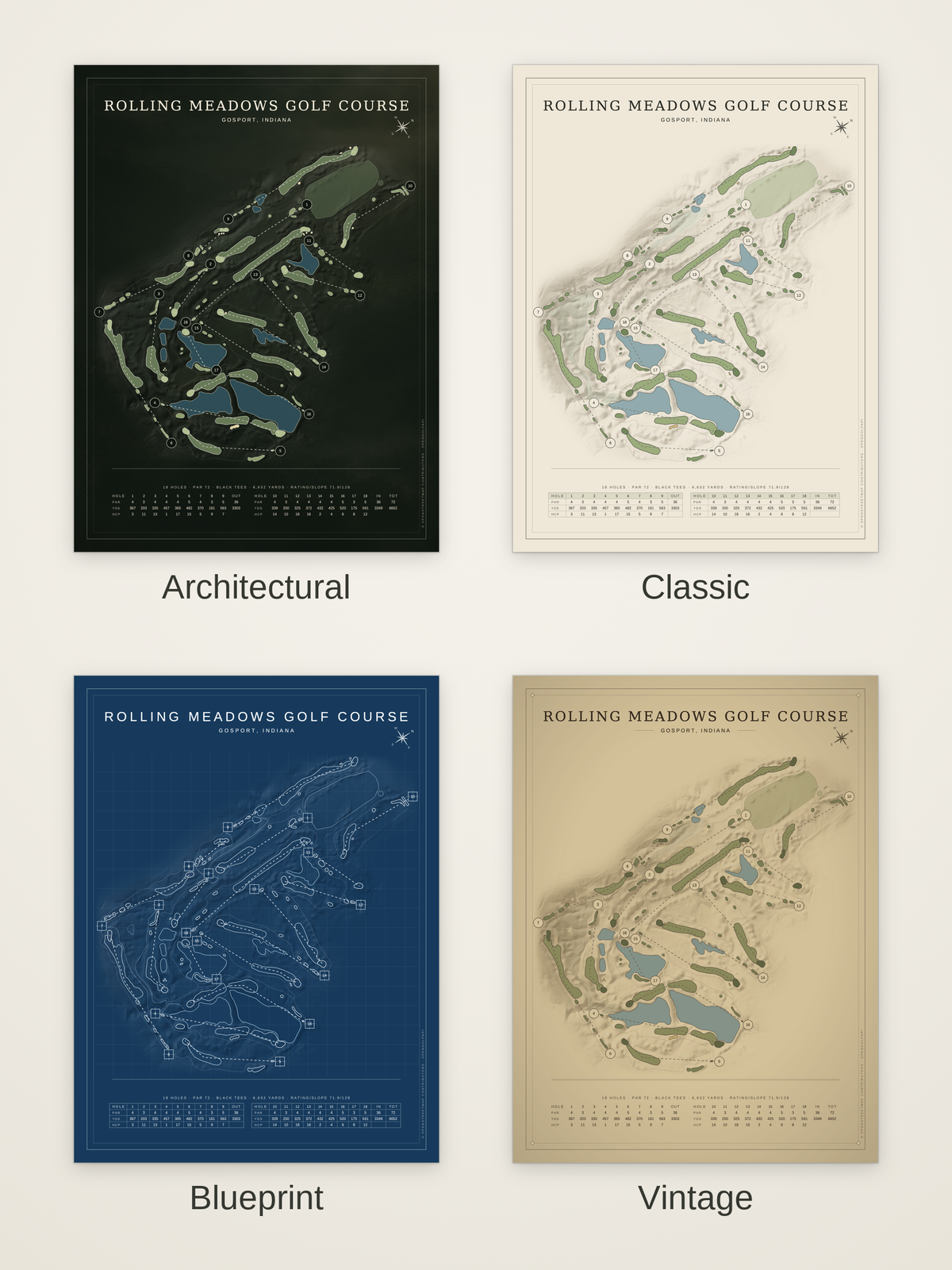 Rolling Meadows Golf Course map poster in four styles: Architectural, Classic, Blueprint and Vintage