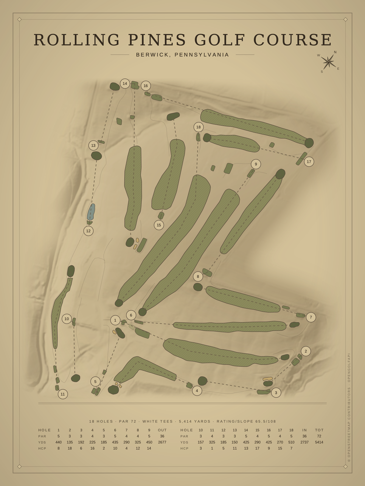 Rolling Pines Golf Course map poster, Vintage style, 12×16 / 18×24