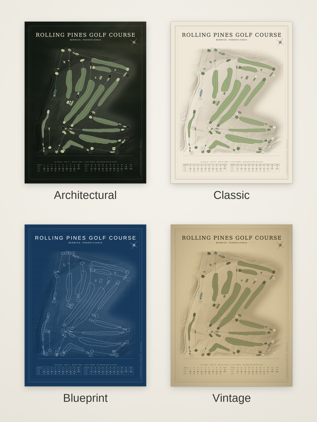 Rolling Pines Golf Course map poster in four styles: Architectural, Classic, Blueprint and Vintage