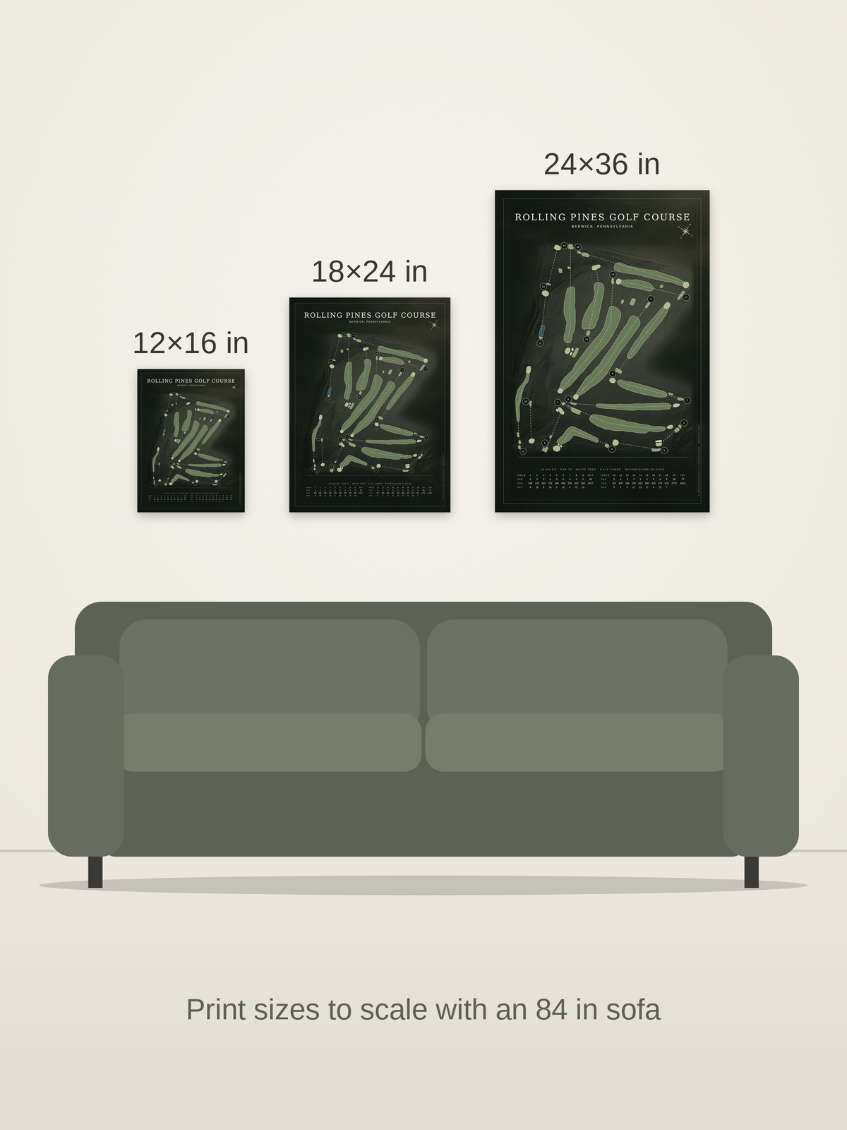 Rolling Pines Golf Course map poster in the Architectural style at 12×16, 18×24 and 24×36 inches, shown to scale on a wall above an 84-inch sofa