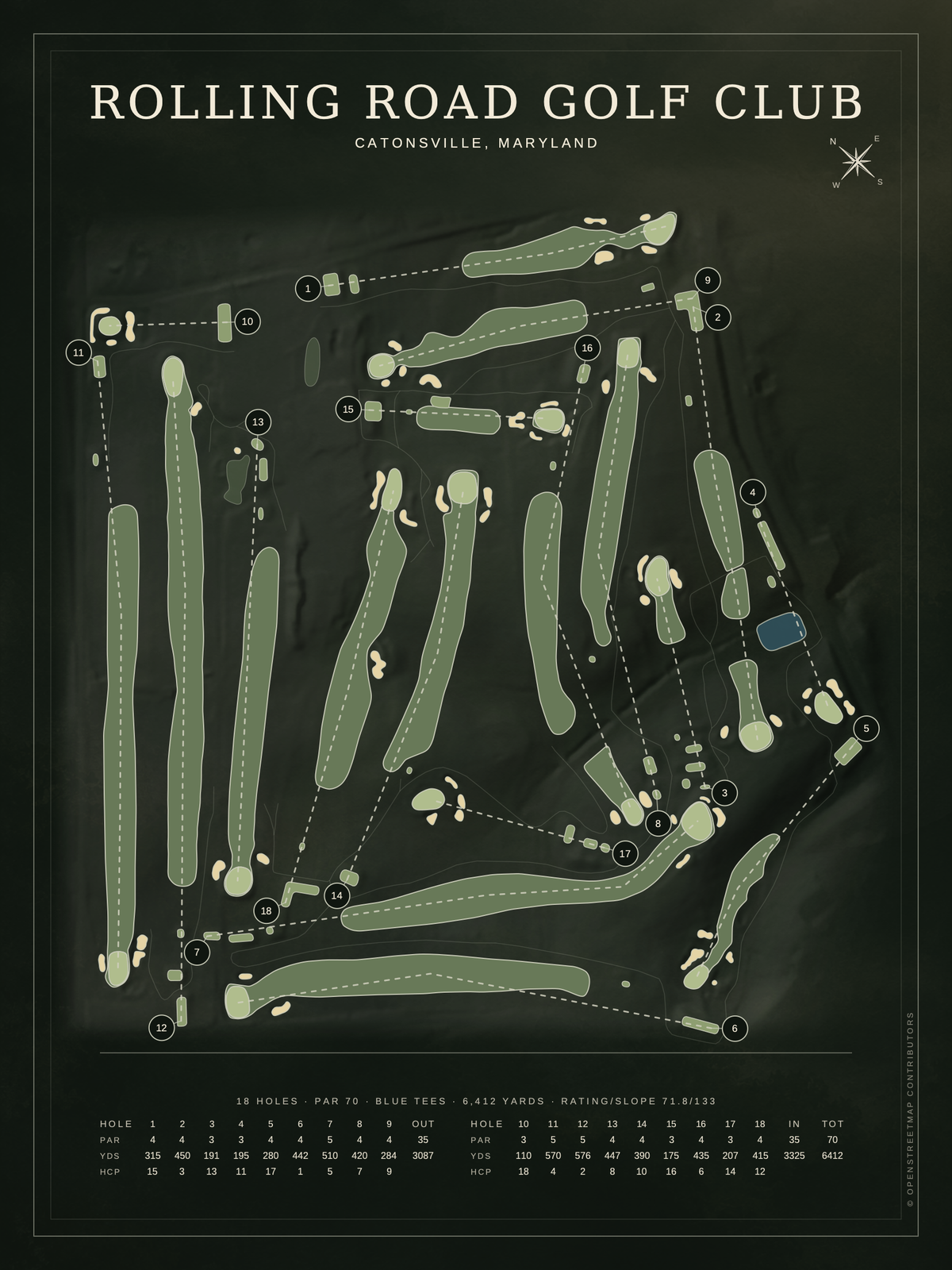 Rolling Road Golf Club course map poster, Architectural style, 12×16 / 18×24
