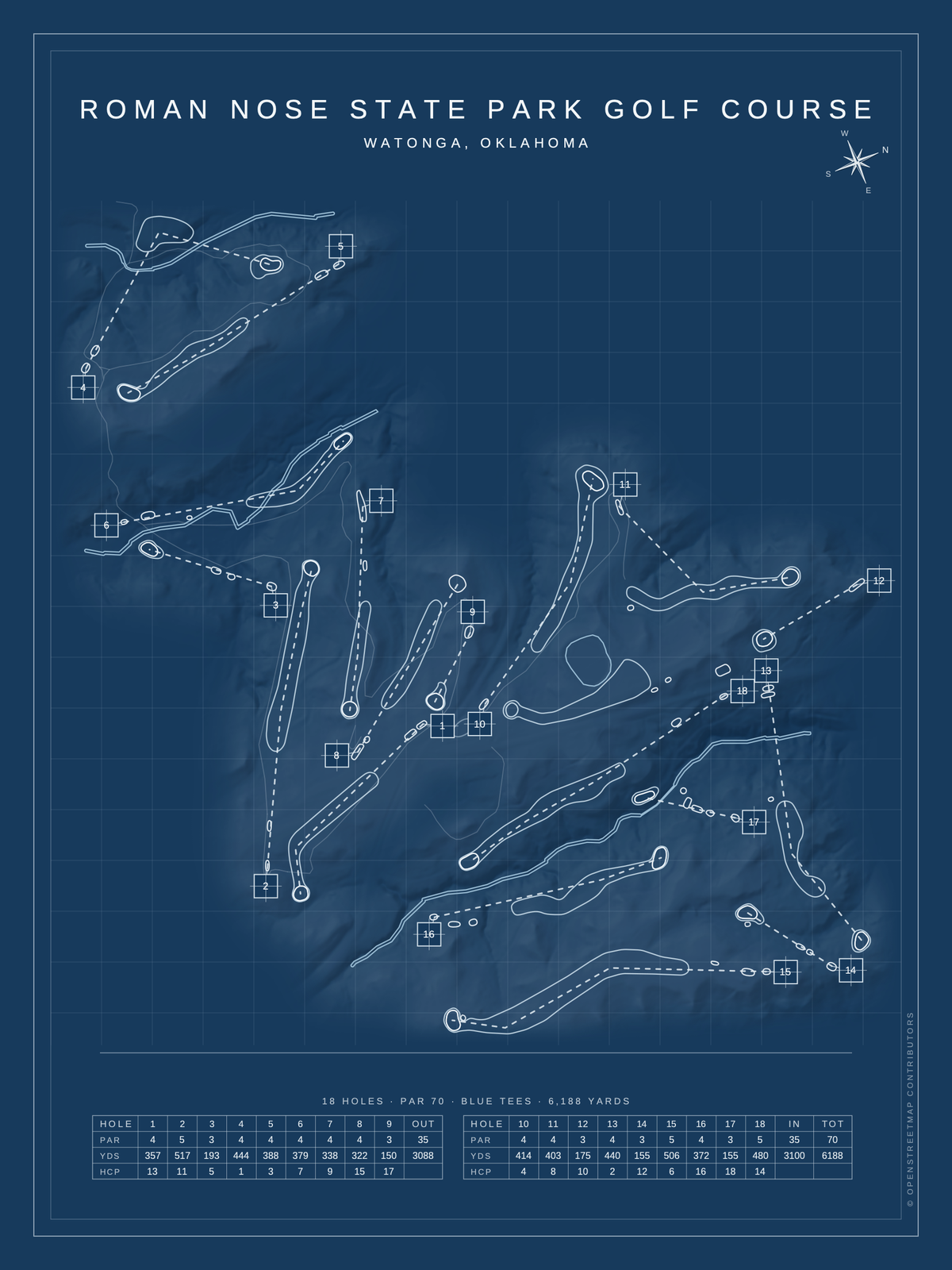 Roman Nose State Park Golf Course map poster, Blueprint style, 12×16 / 18×24
