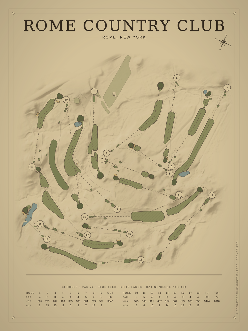 Rome Country Club course map poster, Vintage style, 12×16 / 18×24