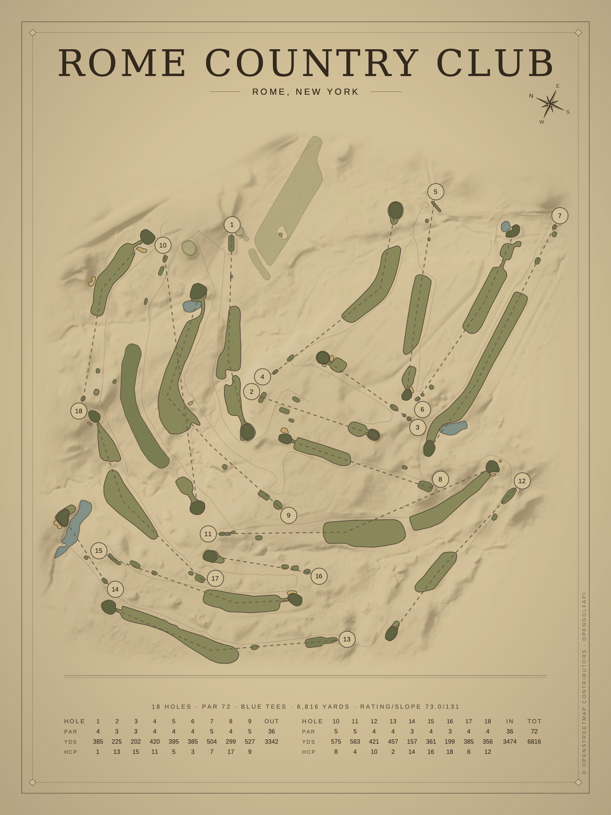 Rome Country Club course map poster, Vintage style, 12×16 / 18×24