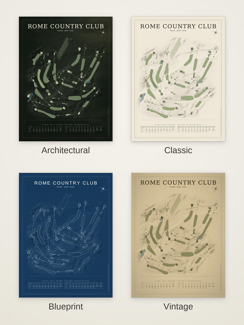 Rome Country Club course map poster in four styles: Architectural, Classic, Blueprint and Vintage