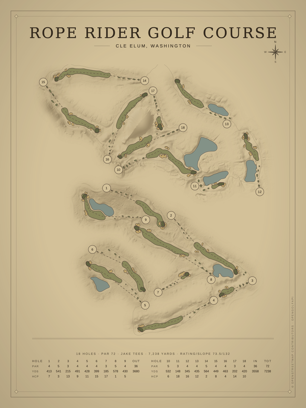 Rope Rider Golf Course map poster, Vintage style, 12×16 / 18×24