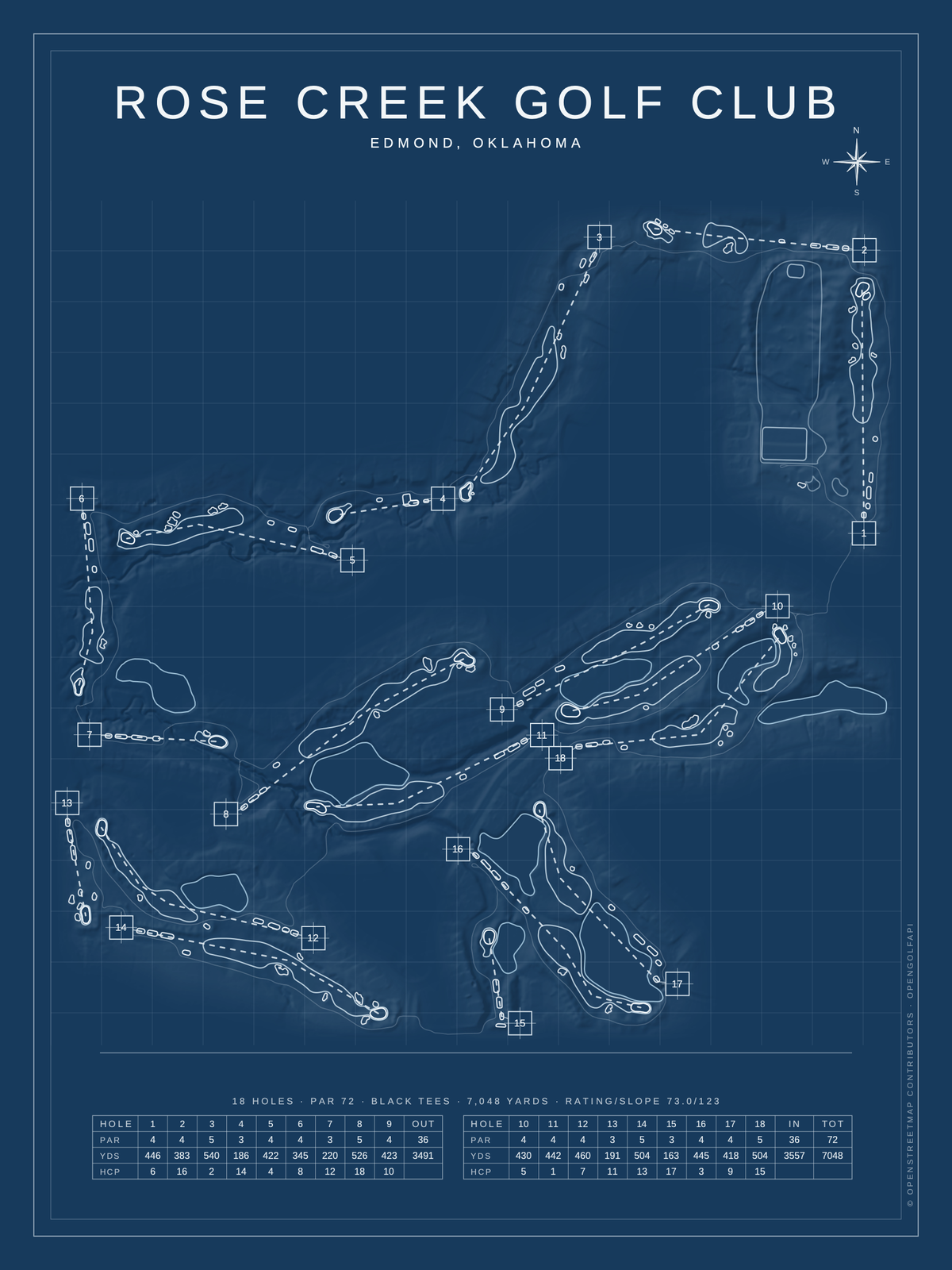 Rose Creek Golf Club course map poster, Blueprint style, 12×16 / 18×24