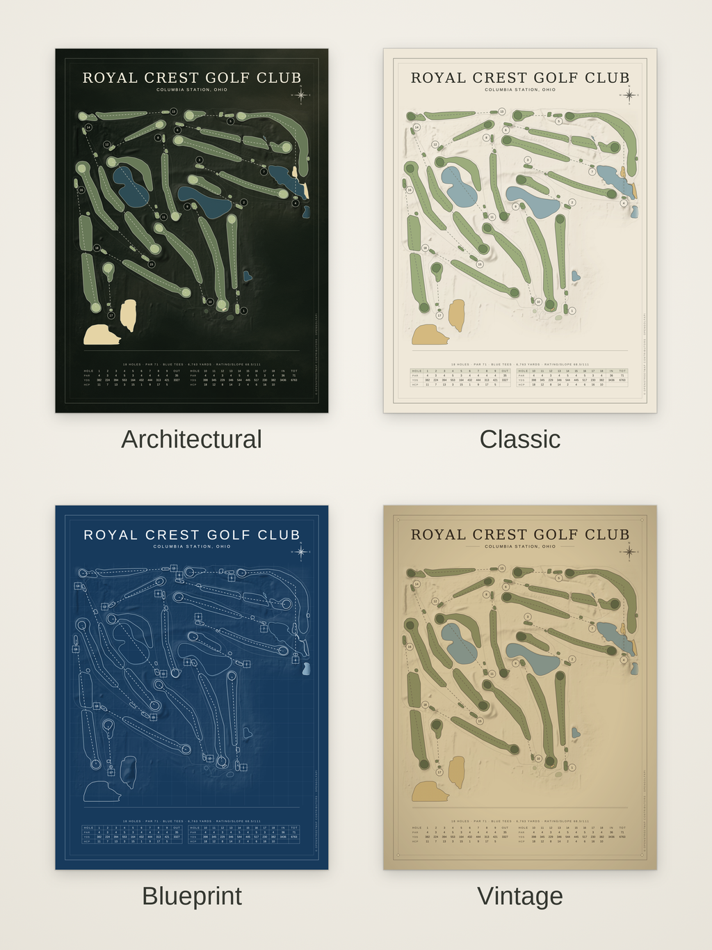 Royal Crest Golf Club course map poster in four styles: Architectural, Classic, Blueprint and Vintage