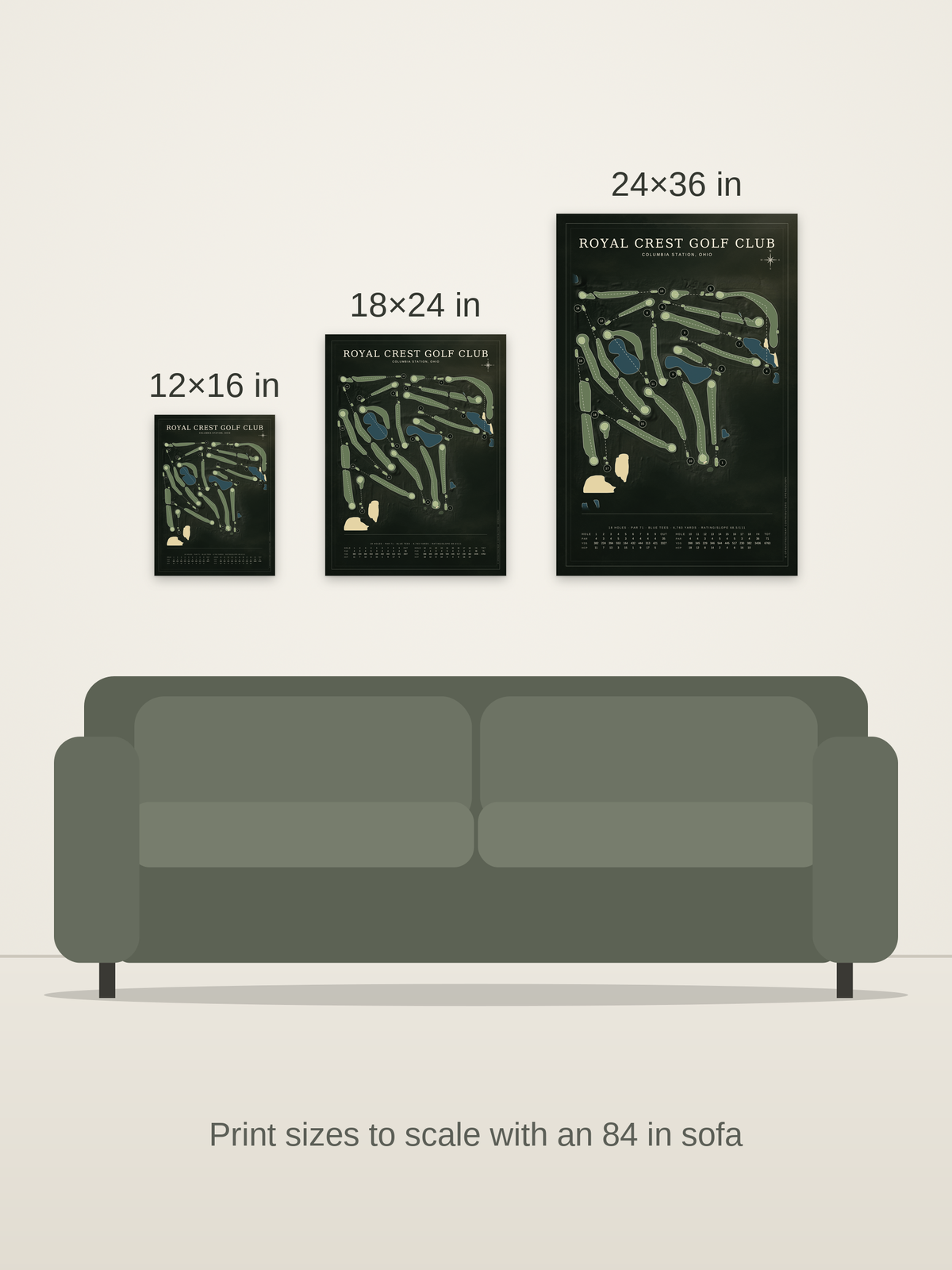 Royal Crest Golf Club course map poster in the Architectural style at 12×16, 18×24 and 24×36 inches, shown to scale on a wall above an 84-inch sofa