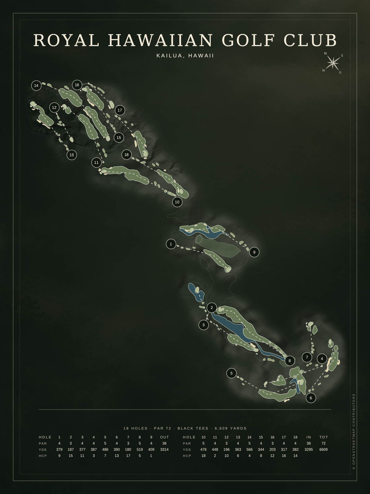 Royal Hawaiian Golf Club course map poster, Architectural style, 12×16 / 18×24