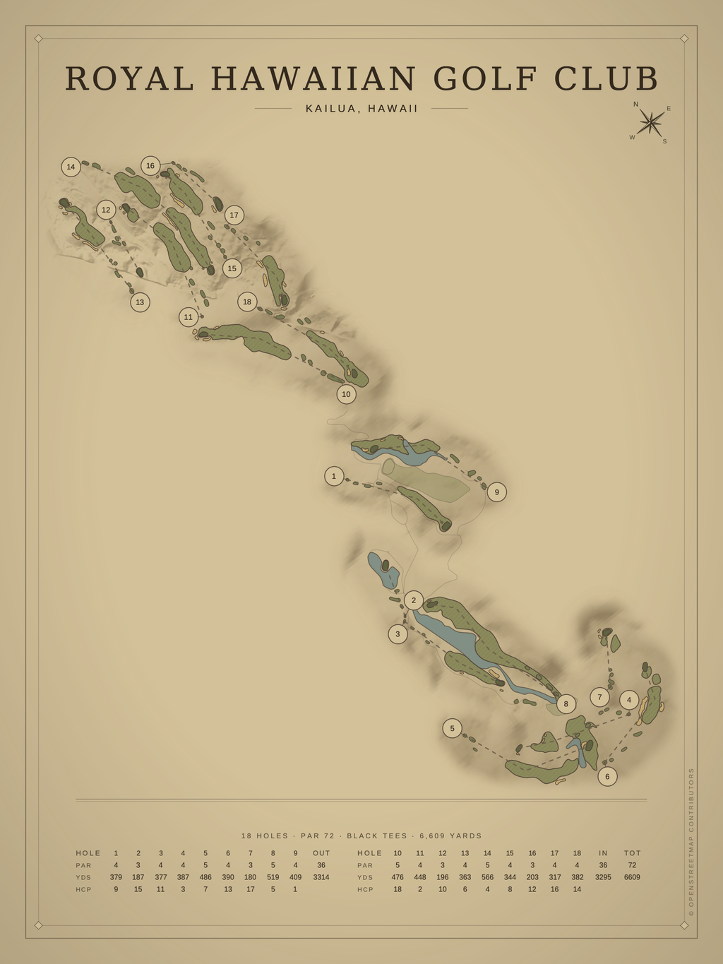 Royal Hawaiian Golf Club course map poster, Vintage style, 12×16 / 18×24