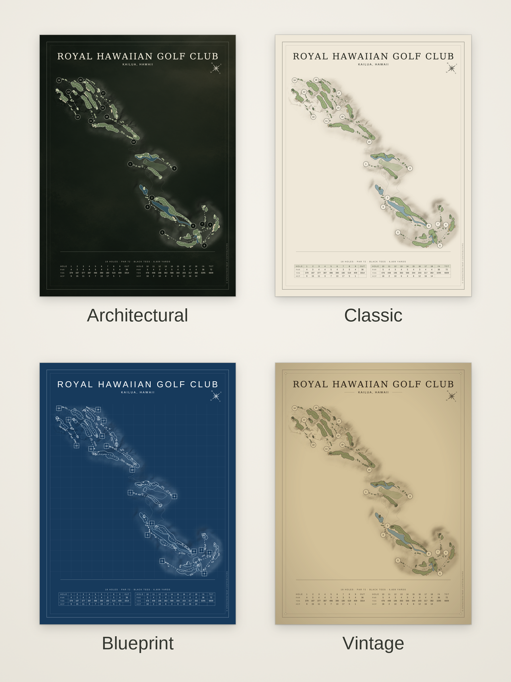 Royal Hawaiian Golf Club course map poster in four styles: Architectural, Classic, Blueprint and Vintage